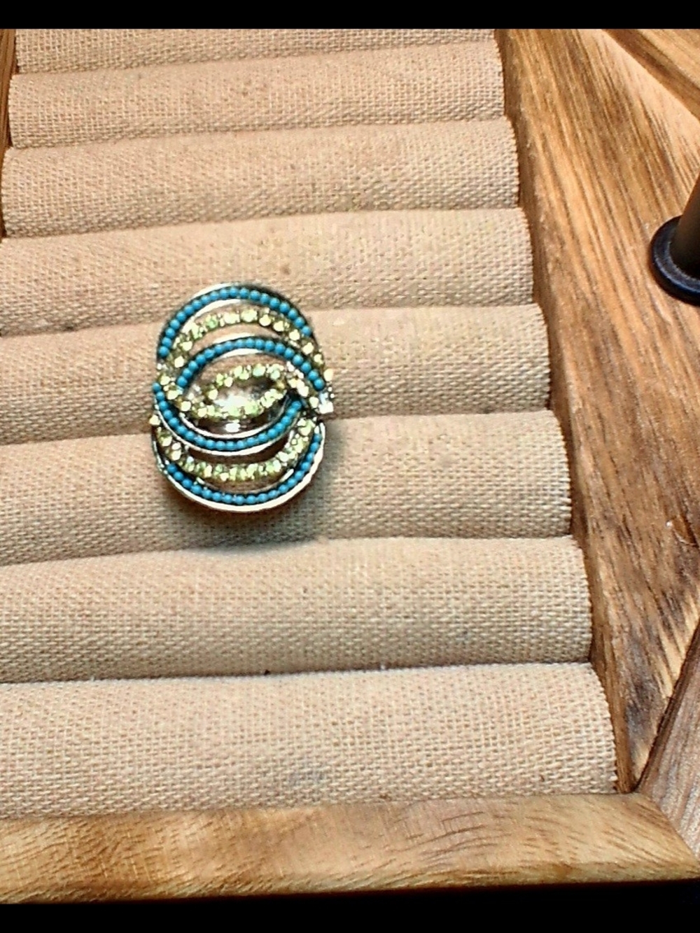 Gold and Turquoise Crystal Statement Ring - Women's Fashion Ring Ajustable Band